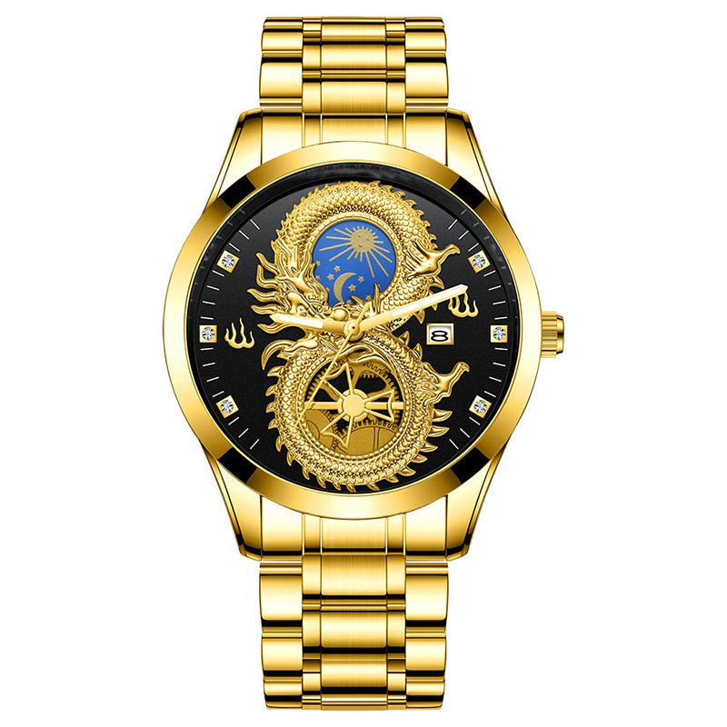 Newly Dragon Phoenix Men's Luxury Business Watch Moon and Star Glow in the Dark Calendar Gold Plated Waterproof