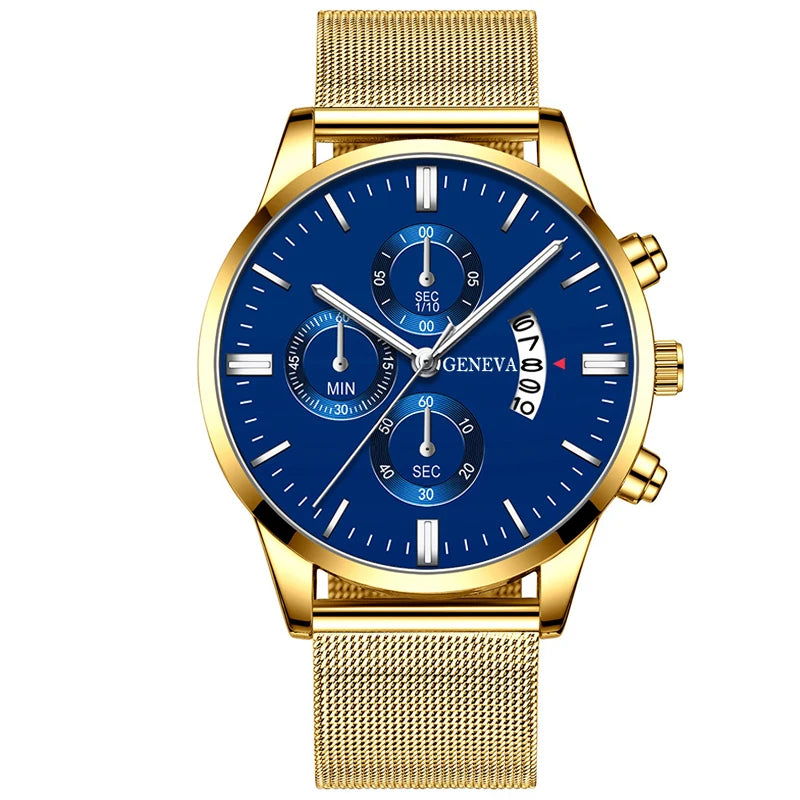 2023 Men's Fashion Business Calendar Watches Men Luxury Blue Stainless Steel Mesh Belt Analog Quartz Watch relogio masculino