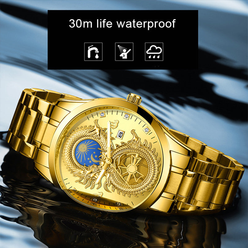 Newly Dragon Phoenix Men's Luxury Business Watch Moon and Star Glow in the Dark Calendar Gold Plated Waterproof
