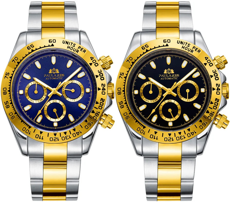 Automatic Watches Self Wind Mechanical Gold Stainless Steel Glacier Ice Blue Dial Chestnut Brown Bezel Luminous Men Watch