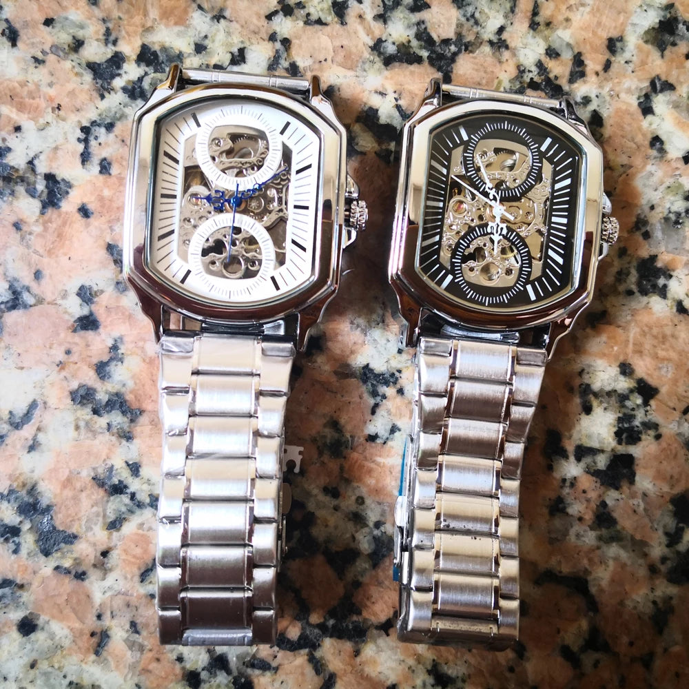 Luxury Mens Watches Tonneau Silver Transparent Skeleton Watch for Men Mechanical Hollow Out Wristwatches Stainless Steel Strap