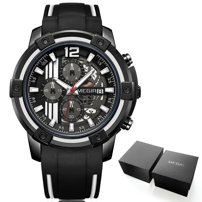 Megir Men's Sports Quartz Watches Army Military Chronograph Wristwatch for Man Luminous Relogios Masculino Clock 2097 Black Red