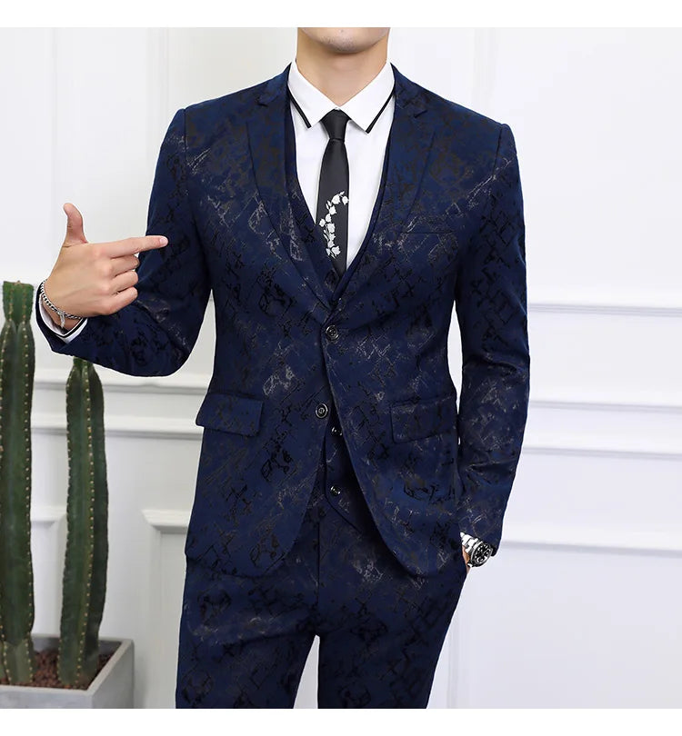 High-end Brand Suit Men Clothing Fashion Business Banquet Wedding Blazers Jacket with Vest and Pants Black / Blue Size 6XL
