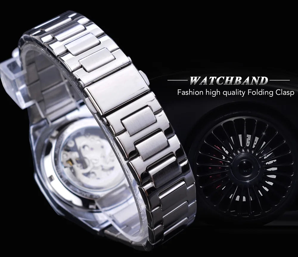 Forsining Fashion Steampunk Men's Automatic Mechanical Watch Hollow Skeleton Design Black Dial Waterproof Business Wristwatches