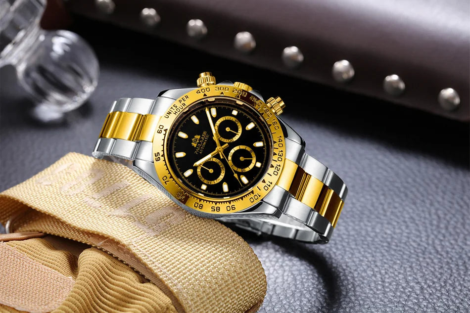 Automatic Watches Self Wind Mechanical Gold Stainless Steel Glacier Ice Blue Dial Chestnut Brown Bezel Luminous Men Watch