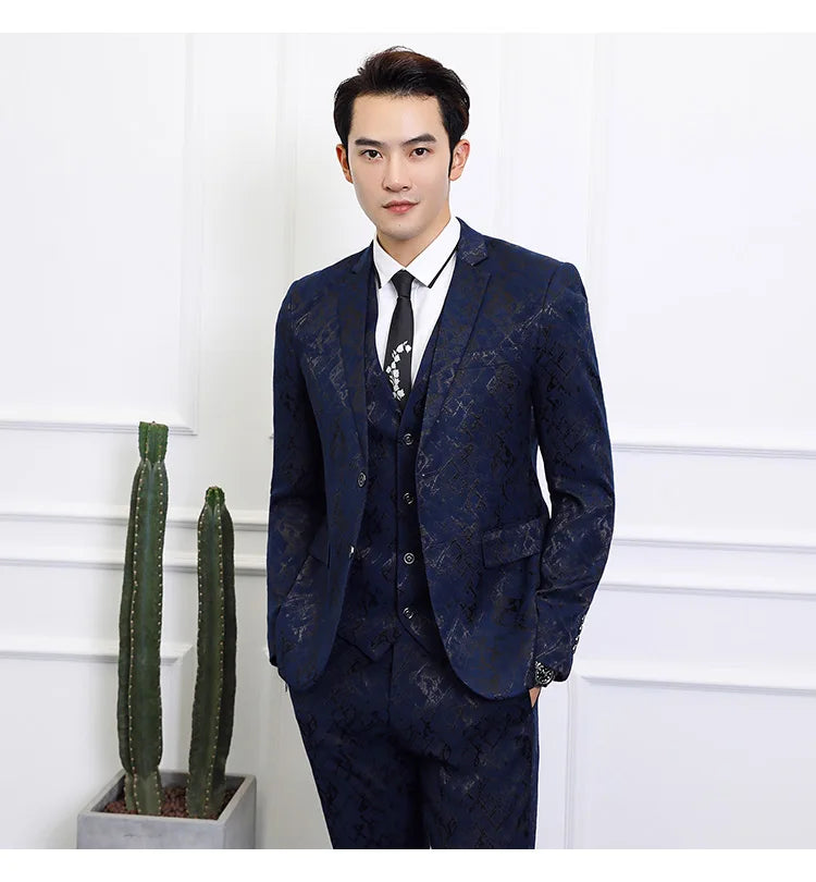 High-end Brand Suit Men Clothing Fashion Business Banquet Wedding Blazers Jacket with Vest and Pants Black / Blue Size 6XL