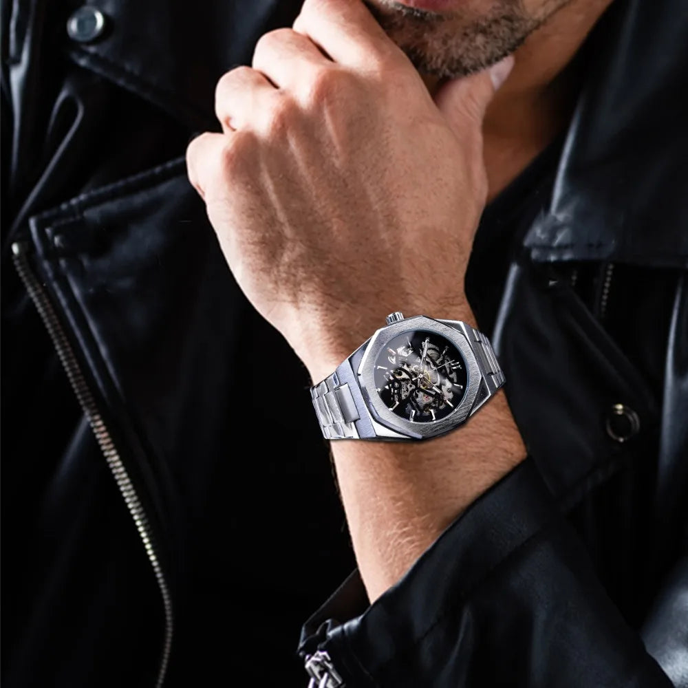 Forsining Fashion Steampunk Men's Automatic Mechanical Watch Hollow Skeleton Design Black Dial Waterproof Business Wristwatches