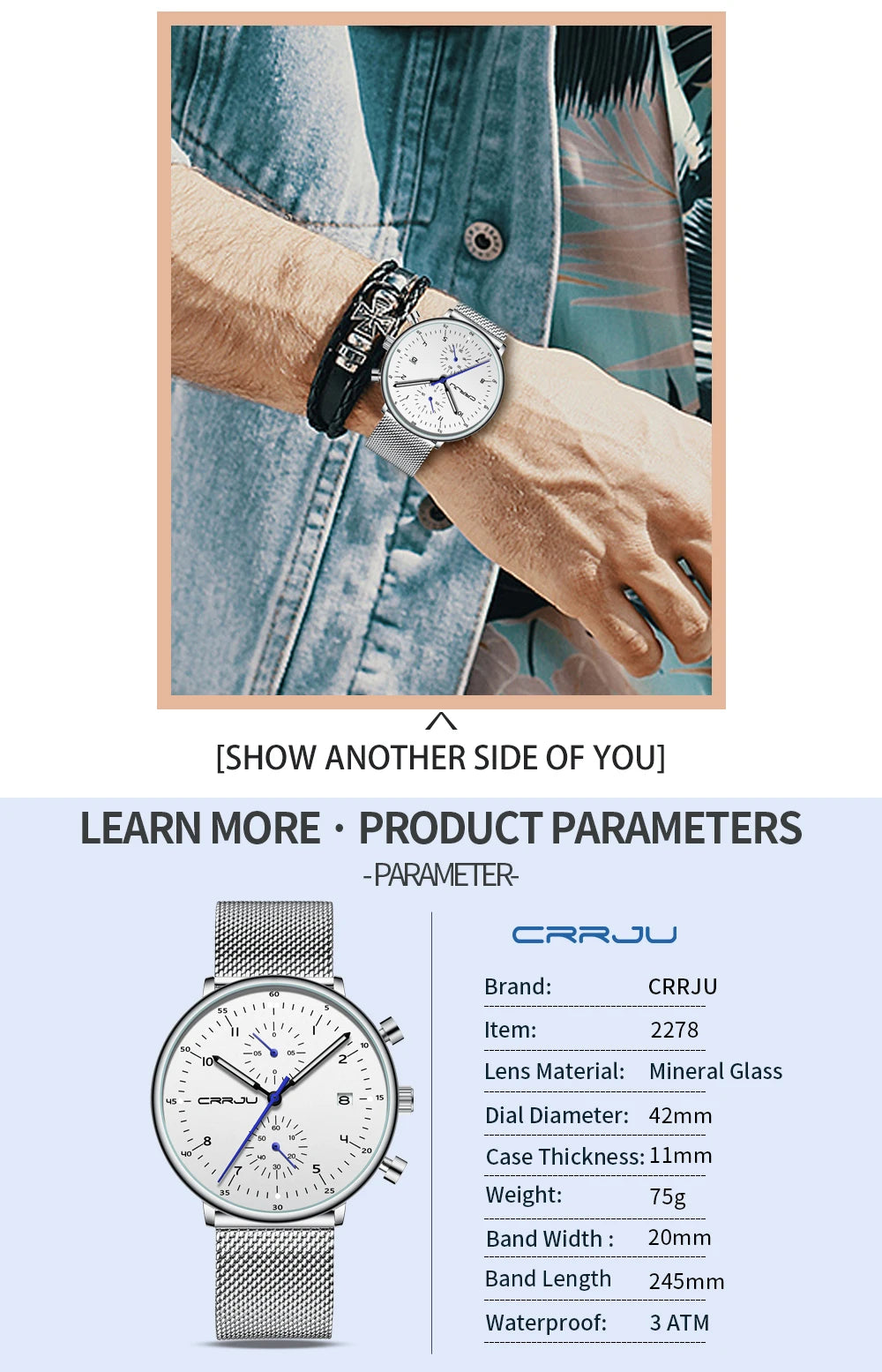 Mens Watch CRRJU Luxury Top Brand Men Stainless Steel WristWatch Men's Military waterproof Date Quartz watches relogio masculino