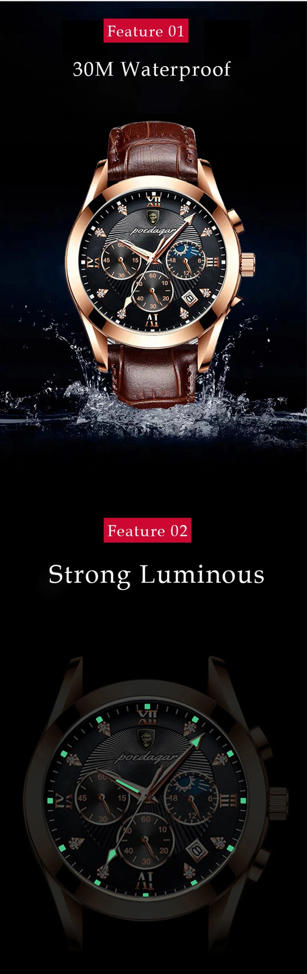 POEDAGAR Men Watch New Top Brand Luxury Waterproof Luminous Sport Wristwatch Quartz Military Genuine Leather Relogio Masculino