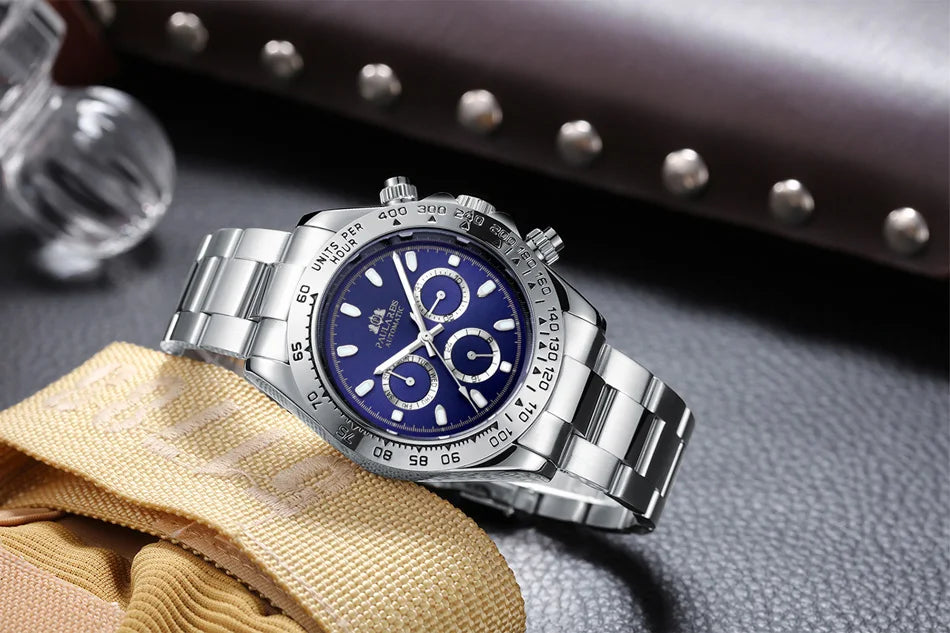Automatic Watches Self Wind Mechanical Gold Stainless Steel Glacier Ice Blue Dial Chestnut Brown Bezel Luminous Men Watch