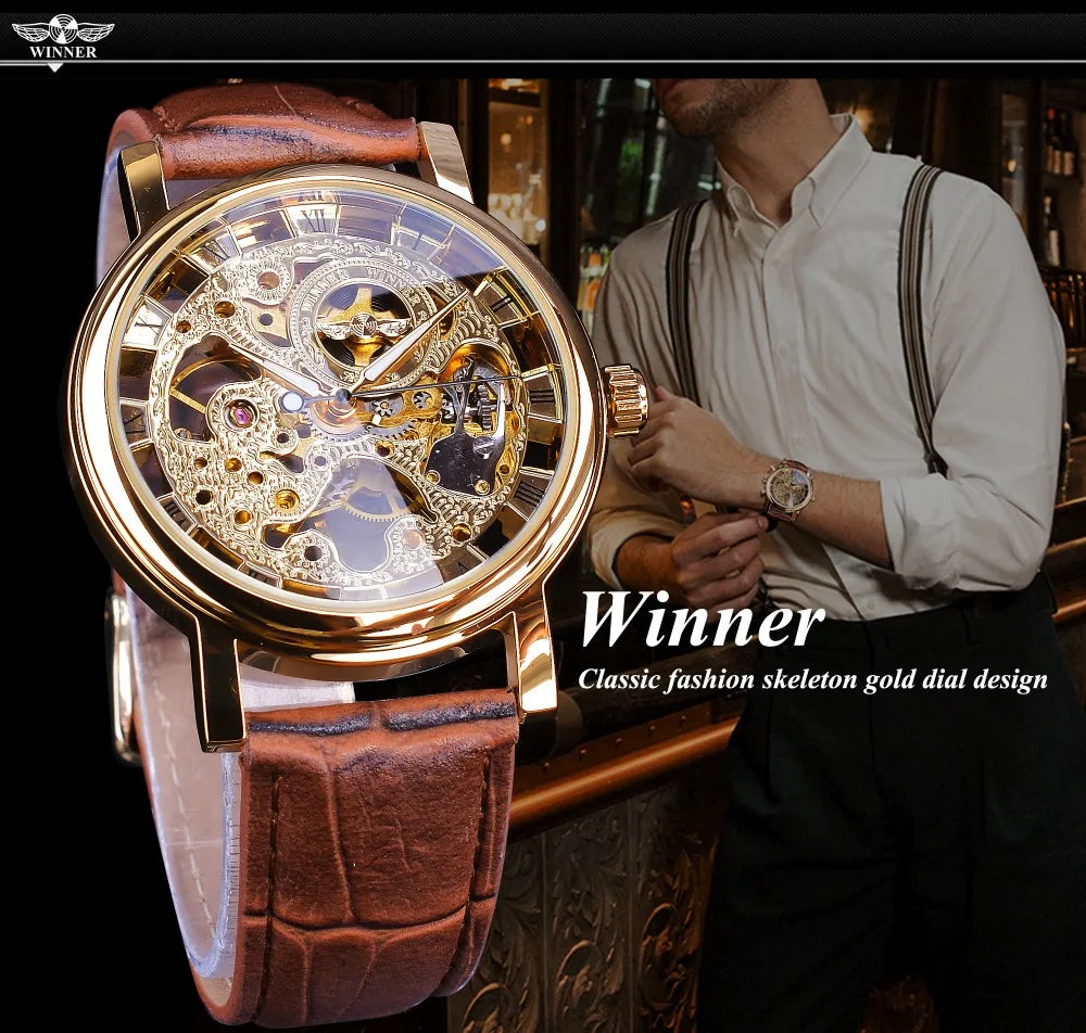 Winner Transparent Golden Case Luxury Casual Design Brown Leather Strap Mens Watches Top Brand Luxury Mechanical Skeleton Watch
