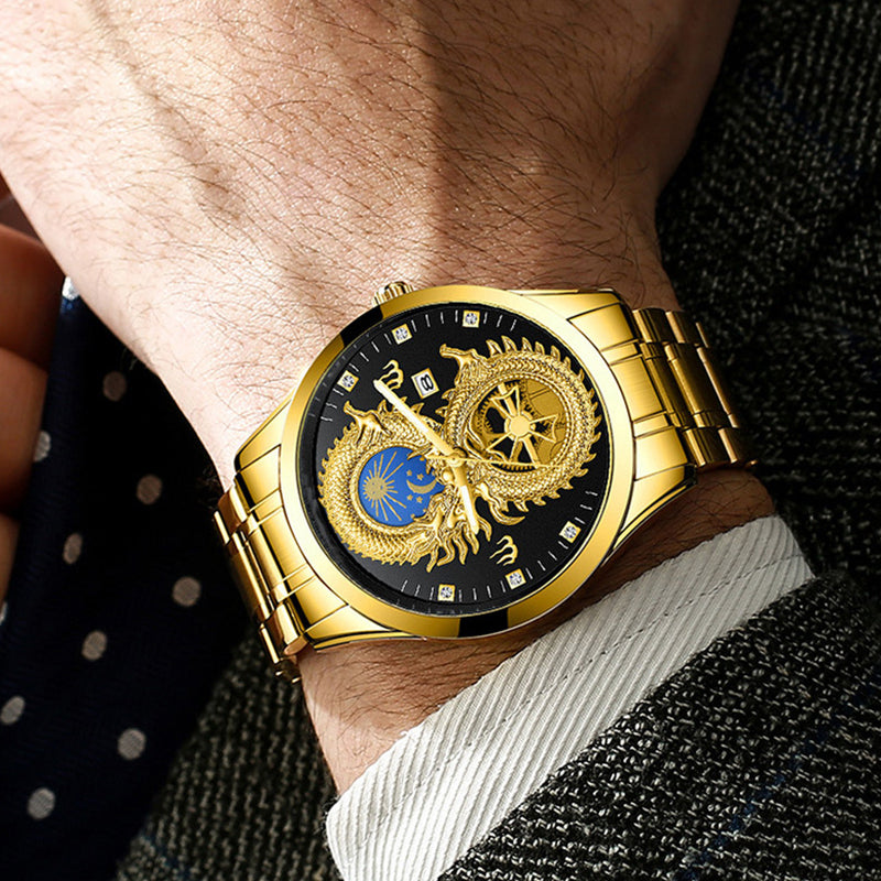 Newly Dragon Phoenix Men's Luxury Business Watch Moon and Star Glow in the Dark Calendar Gold Plated Waterproof