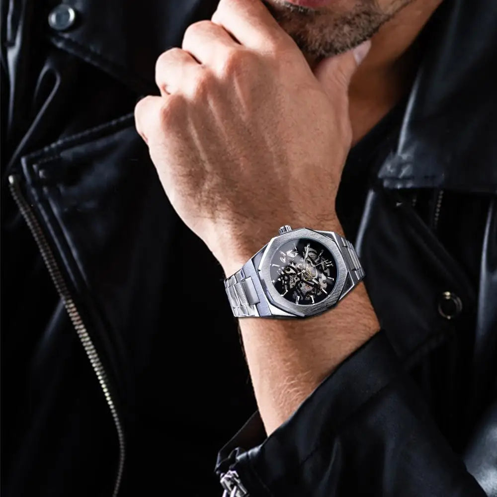 Forsining Fashion Steampunk Men's Automatic Mechanical Watch Hollow Skeleton Design Black Dial Waterproof Business Wristwatches