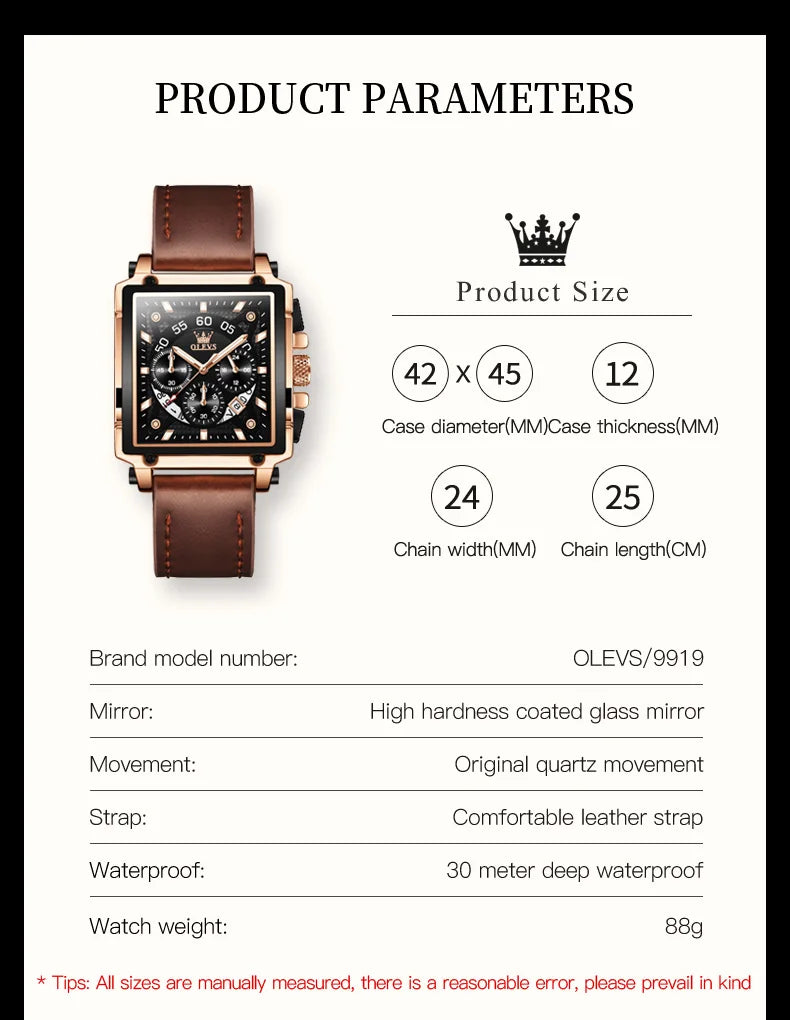 OLEVS Top Brand Male Watches Square Quartz Watch Watch For Men Waterproof Leather Strap Sport Clock Male Relogio Masculino
