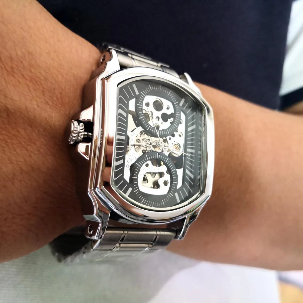 Luxury Mens Watches Tonneau Silver Transparent Skeleton Watch for Men Mechanical Hollow Out Wristwatches Stainless Steel Strap