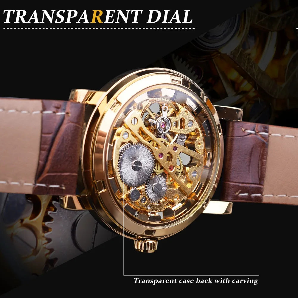 Winner Transparent Golden Case Luxury Casual Design Brown Leather Strap Mens Watches Top Brand Luxury Mechanical Skeleton Watch