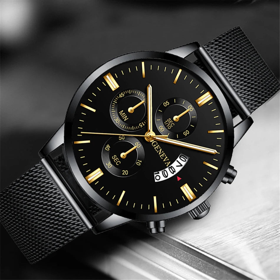 2023 Men's Fashion Business Calendar Watches Men Luxury Blue Stainless Steel Mesh Belt Analog Quartz Watch relogio masculino