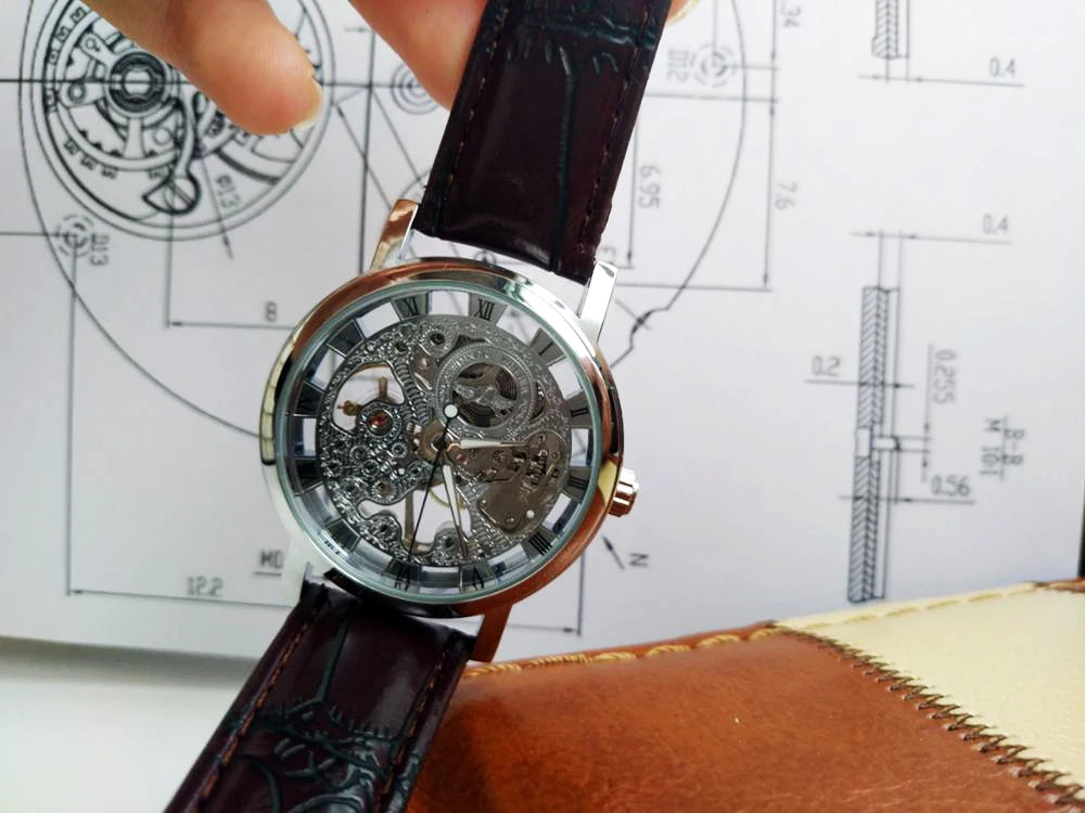 Winner Transparent Golden Case Luxury Casual Design Brown Leather Strap Mens Watches Top Brand Luxury Mechanical Skeleton Watch
