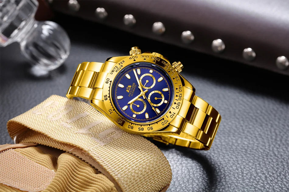 Automatic Watches Self Wind Mechanical Gold Stainless Steel Glacier Ice Blue Dial Chestnut Brown Bezel Luminous Men Watch