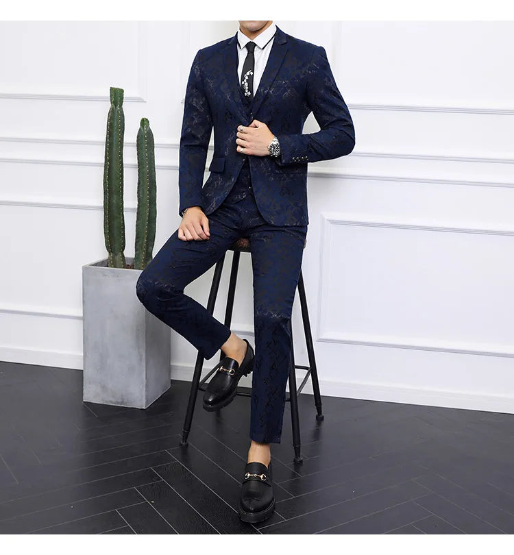 High-end Brand Suit Men Clothing Fashion Business Banquet Wedding Blazers Jacket with Vest and Pants Black / Blue Size 6XL