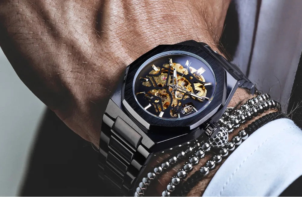 Forsining Fashion Steampunk Men's Automatic Mechanical Watch Hollow Skeleton Design Black Dial Waterproof Business Wristwatches