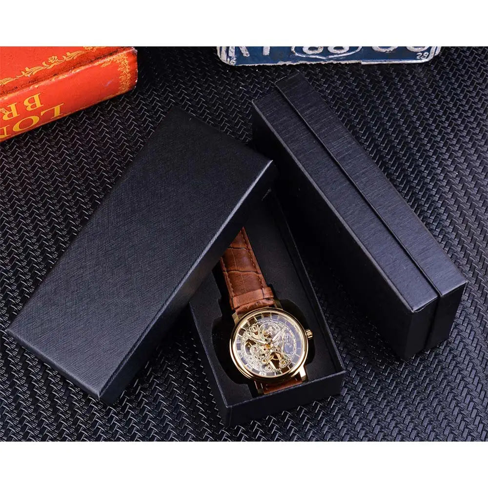 Winner Transparent Golden Case Luxury Casual Design Brown Leather Strap Mens Watches Top Brand Luxury Mechanical Skeleton Watch