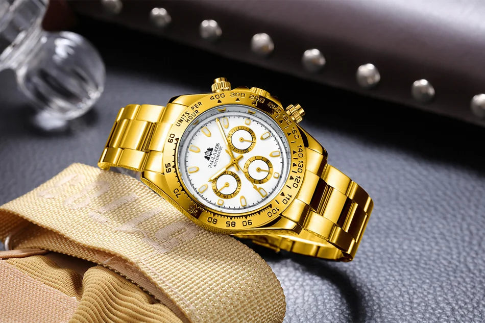 Automatic Watches Self Wind Mechanical Gold Stainless Steel Glacier Ice Blue Dial Chestnut Brown Bezel Luminous Men Watch
