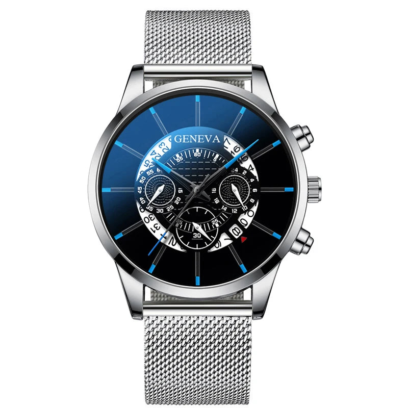 reloj hombre Mens Fashion Business Calendar Watches Blue Stainless Steel Mesh Belt Analog Quartz Wrist Watch relogio masculino