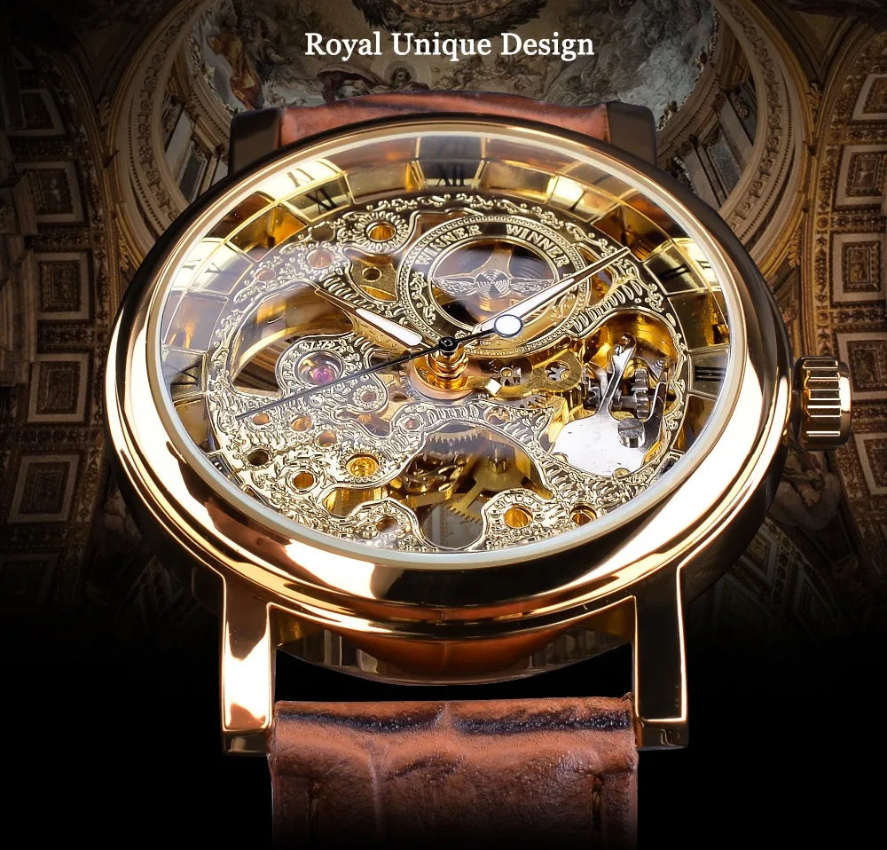 Winner Transparent Golden Case Luxury Casual Design Brown Leather Strap Mens Watches Top Brand Luxury Mechanical Skeleton Watch