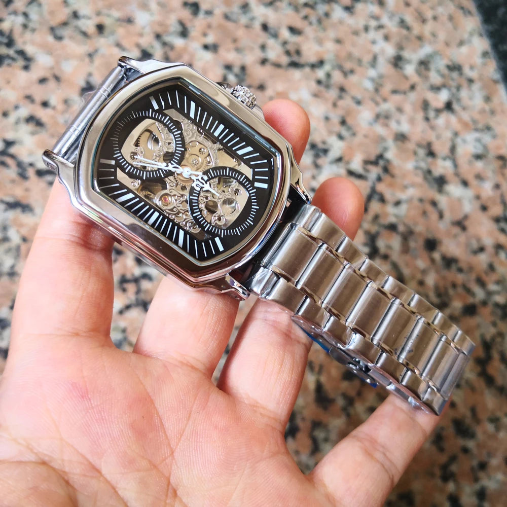 Luxury Mens Watches Tonneau Silver Transparent Skeleton Watch for Men Mechanical Hollow Out Wristwatches Stainless Steel Strap