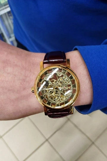 Winner Transparent Golden Case Luxury Casual Design Brown Leather Strap Mens Watches Top Brand Luxury Mechanical Skeleton Watch