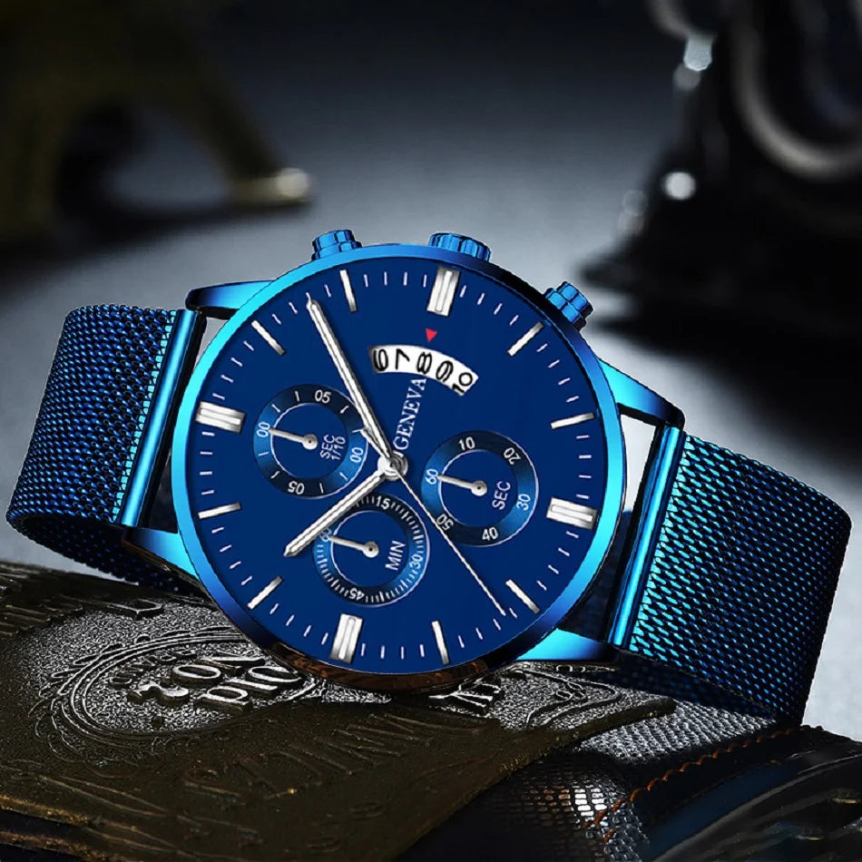 2023 Men's Fashion Business Calendar Watches Men Luxury Blue Stainless Steel Mesh Belt Analog Quartz Watch relogio masculino