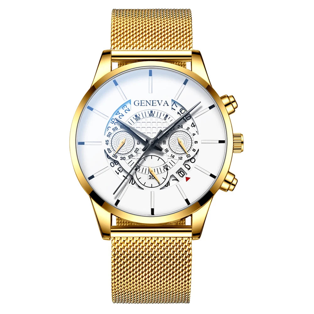 reloj hombre Mens Fashion Business Calendar Watches Blue Stainless Steel Mesh Belt Analog Quartz Wrist Watch relogio masculino