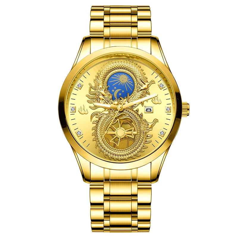 Newly Dragon Phoenix Men's Luxury Business Watch Moon and Star Glow in the Dark Calendar Gold Plated Waterproof