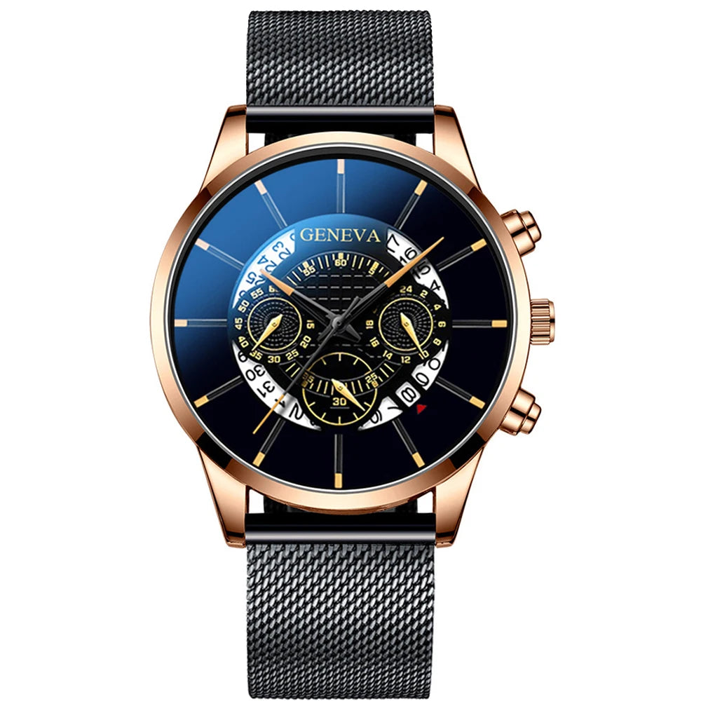 reloj hombre Mens Fashion Business Calendar Watches Blue Stainless Steel Mesh Belt Analog Quartz Wrist Watch relogio masculino