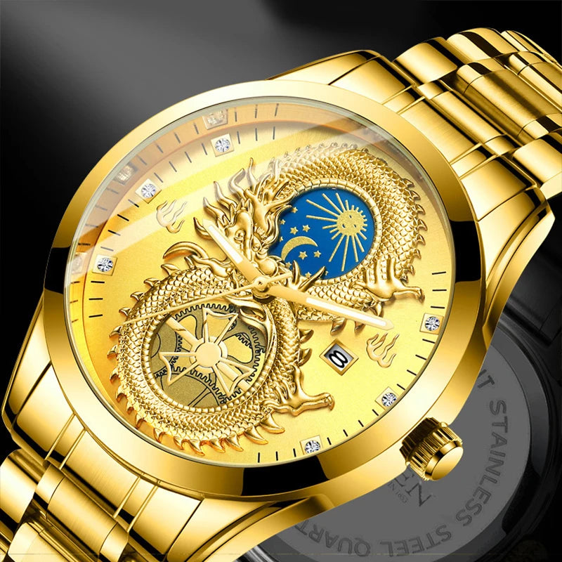 Newly Dragon Phoenix Men's Luxury Business Watch Moon and Star Glow in the Dark Calendar Gold Plated Waterproof