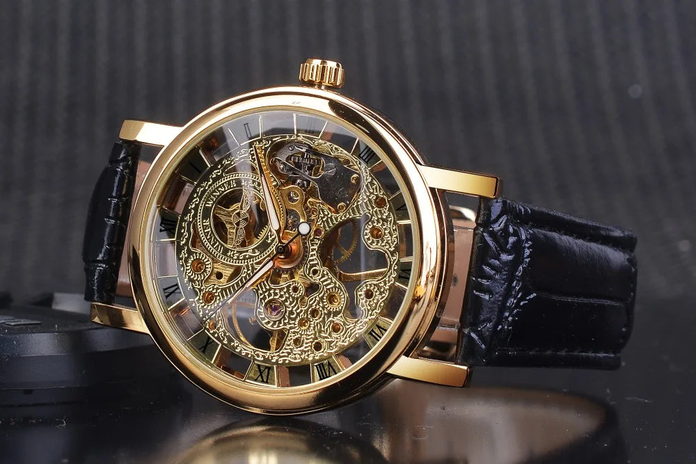 Winner Transparent Golden Case Luxury Casual Design Brown Leather Strap Mens Watches Top Brand Luxury Mechanical Skeleton Watch