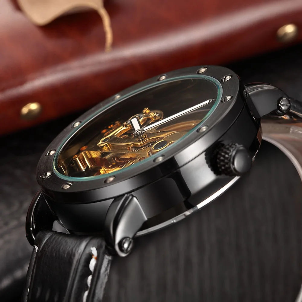 Luxury Tourbillon Automatic Mechanical Watches Men Skeleton Watches Men Transparent Watches Leather SHENHUA Relogio Masculino