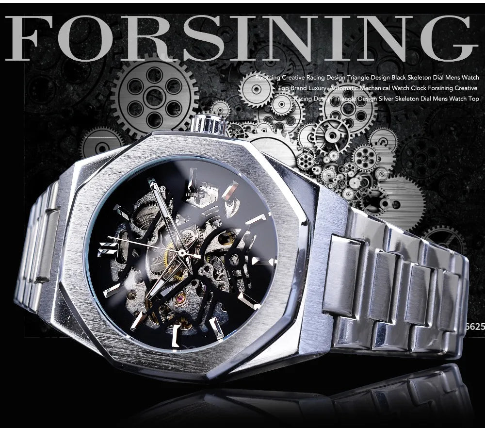 Forsining Fashion Steampunk Men's Automatic Mechanical Watch Hollow Skeleton Design Black Dial Waterproof Business Wristwatches