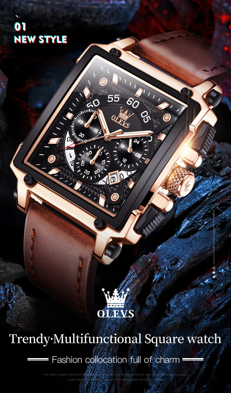 OLEVS Top Brand Male Watches Square Quartz Watch Watch For Men Waterproof Leather Strap Sport Clock Male Relogio Masculino