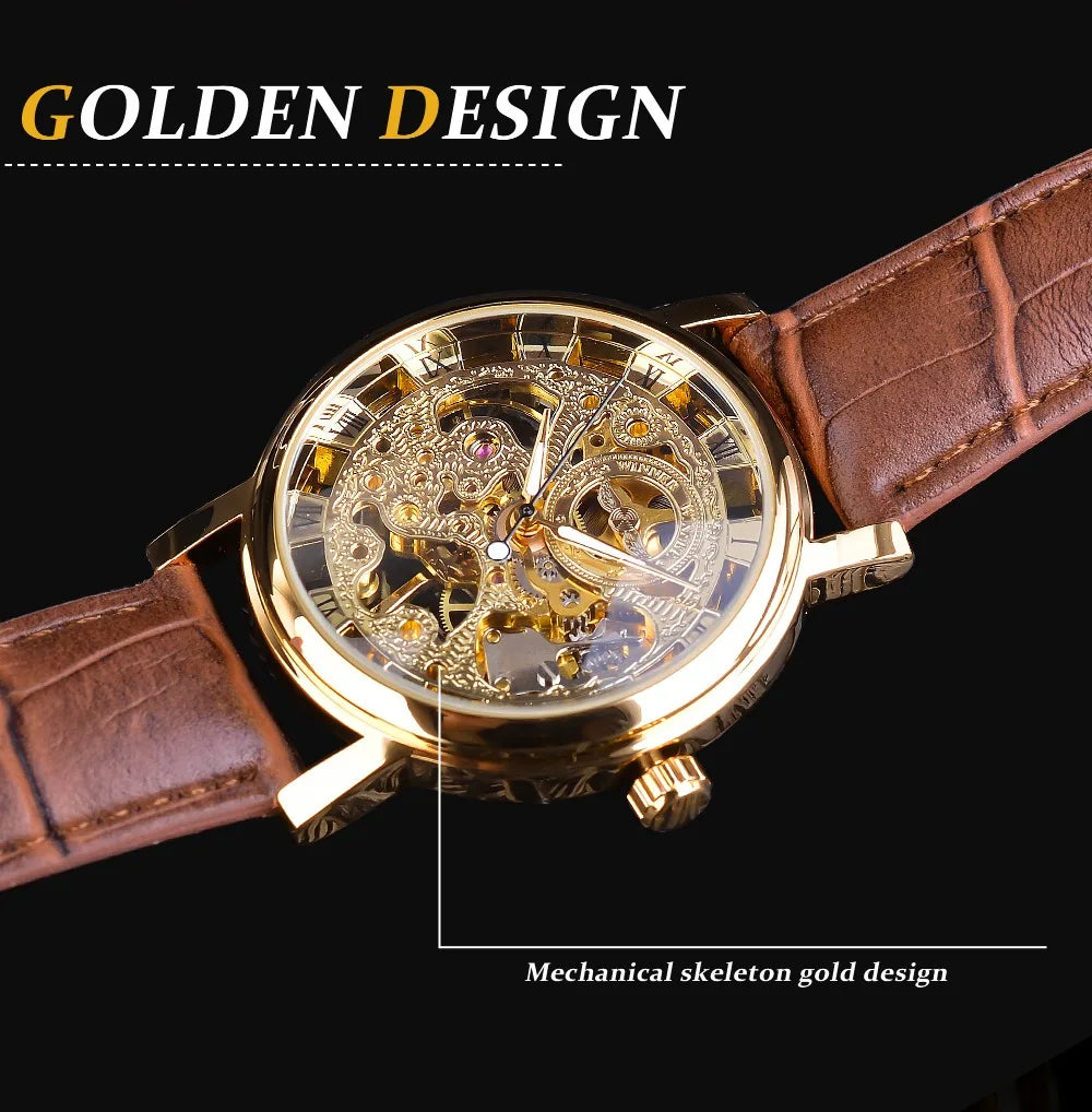 Winner Transparent Golden Case Luxury Casual Design Brown Leather Strap Mens Watches Top Brand Luxury Mechanical Skeleton Watch