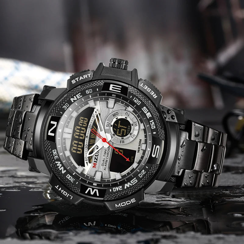 MIZUMS Military Wrist Watches LED Digital Sport Watch Men Gold Stainless Steel Dual Display Quartz Clock Man Relogio Masculino