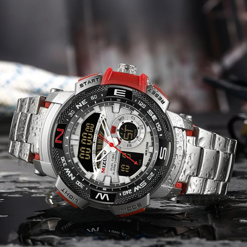 MIZUMS Military Wrist Watches LED Digital Sport Watch Men Gold Stainless Steel Dual Display Quartz Clock Man Relogio Masculino