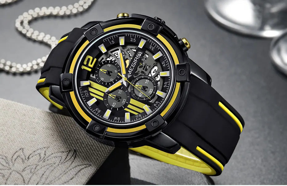 Megir Men's Sports Quartz Watches Army Military Chronograph Wristwatch for Man Luminous Relogios Masculino Clock 2097 Black Red