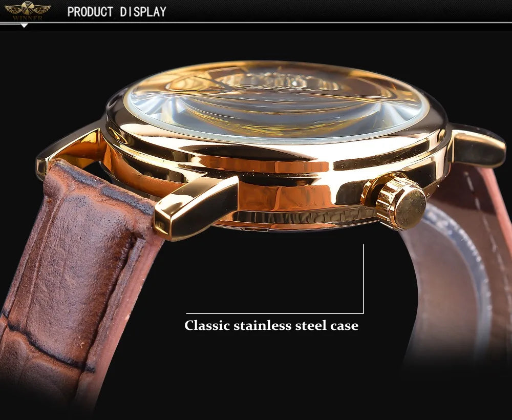 Winner Transparent Golden Case Luxury Casual Design Brown Leather Strap Mens Watches Top Brand Luxury Mechanical Skeleton Watch