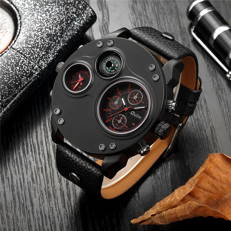 Oulm New Fashion Casual Sport Men's Watches Black Leather Dual Time Zone Wristwatch Male Quartz Big Size Luxury Military Watch