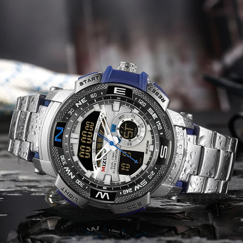 MIZUMS Military Wrist Watches LED Digital Sport Watch Men Gold Stainless Steel Dual Display Quartz Clock Man Relogio Masculino