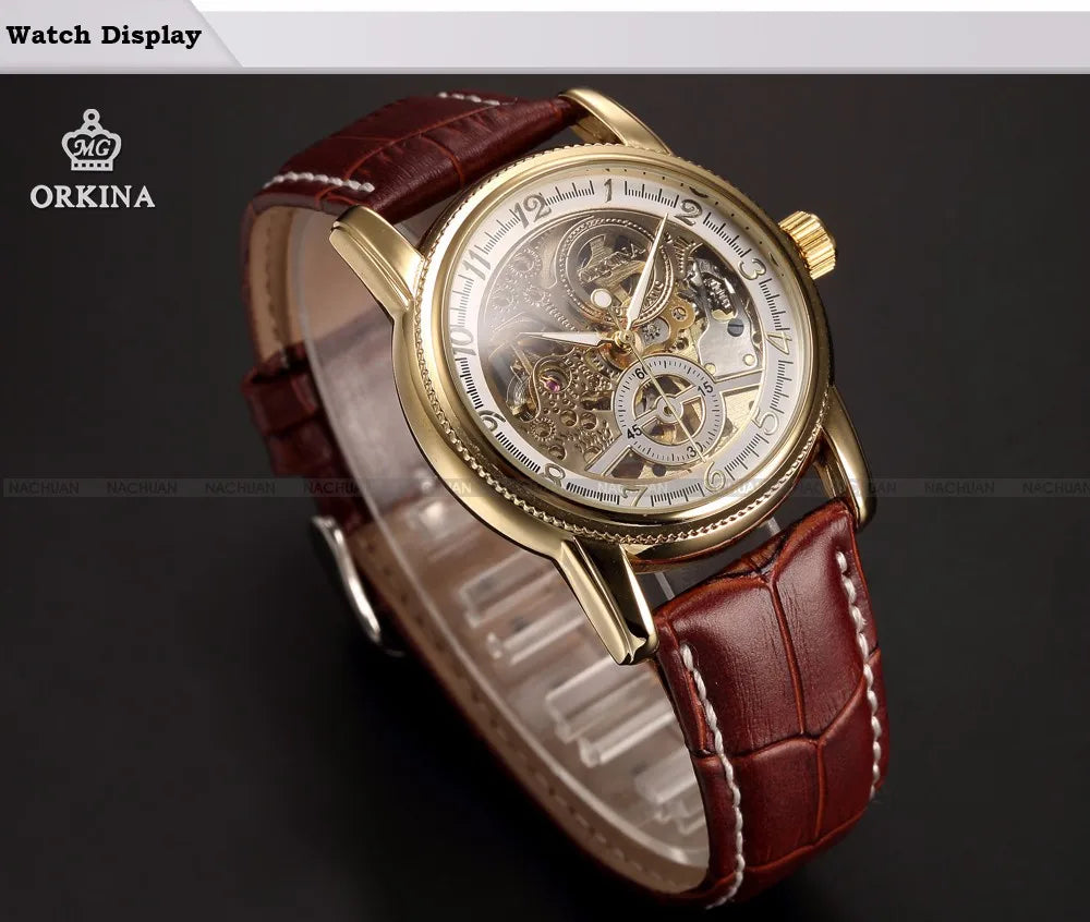 Men Wrist Watches Luxury Golden Skeleton Mechanical Steampunk Male Clock Automatic Wristwatch Leather Strap Herren Horloges