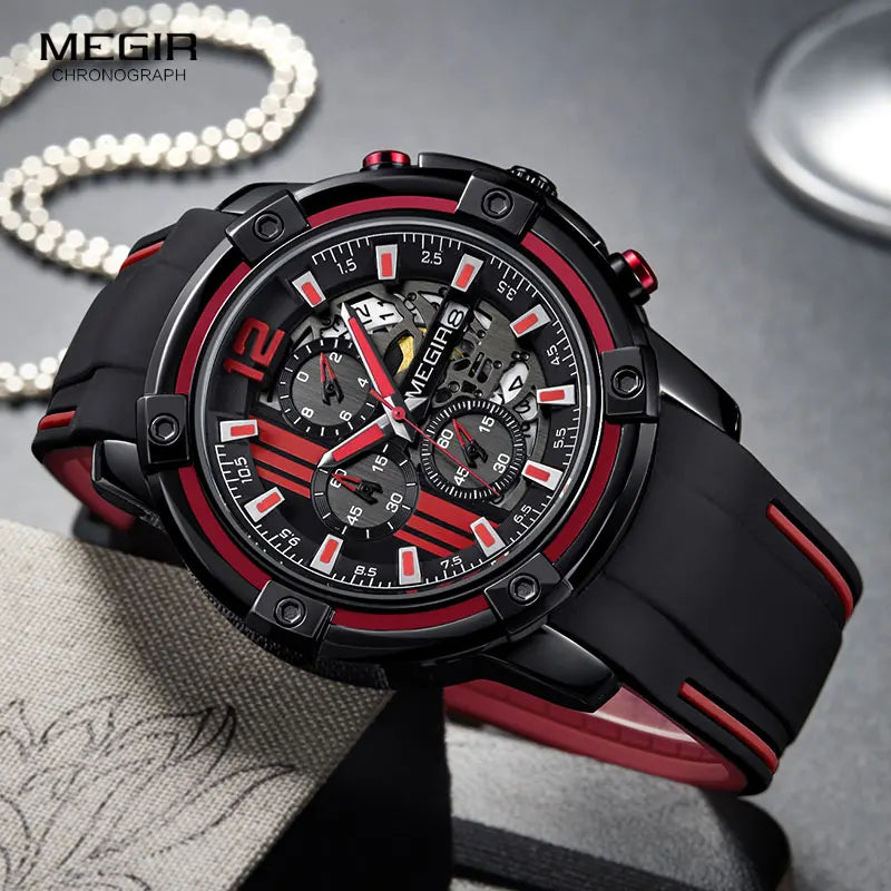 Megir Men's Sports Quartz Watches Army Military Chronograph Wristwatch for Man Luminous Relogios Masculino Clock 2097 Black Red