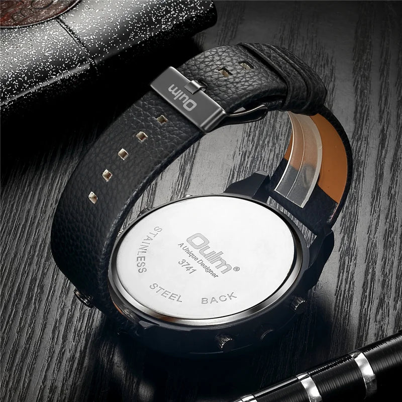 Oulm New Fashion Casual Sport Men's Watches Black Leather Dual Time Zone Wristwatch Male Quartz Big Size Luxury Military Watch